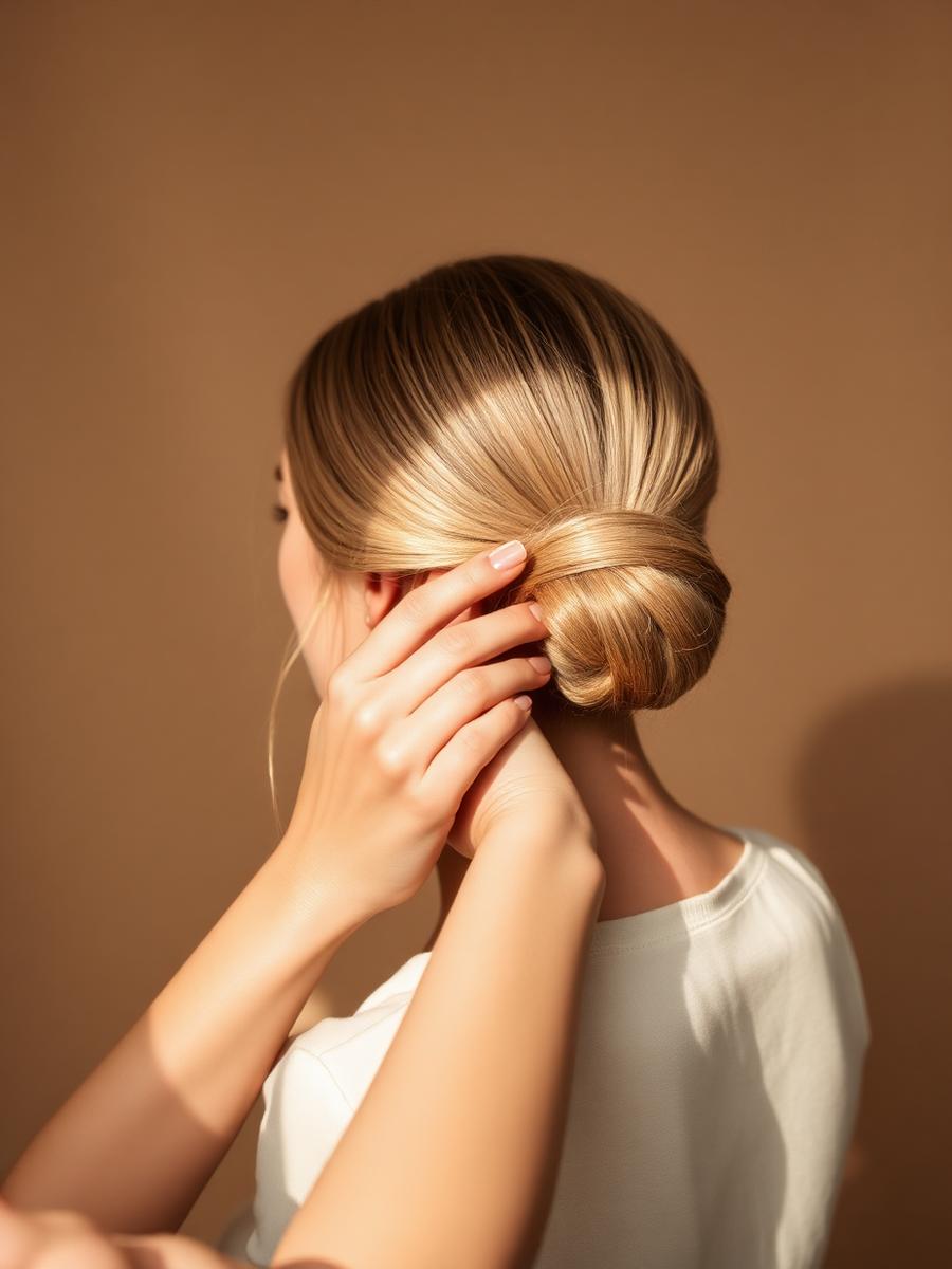 A polished low chignon being finished by a stylist