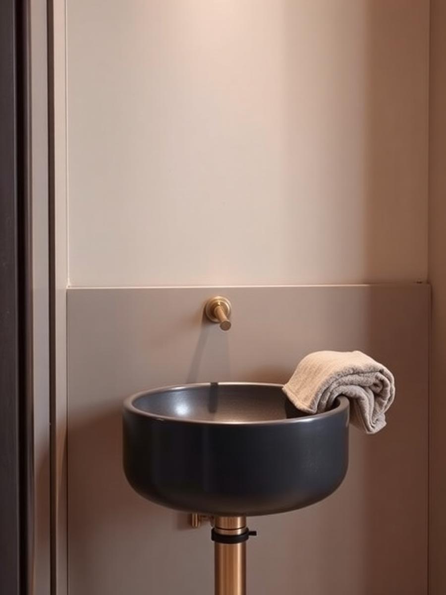 A charcoal ceramic basin with brass fixtures in the wash room