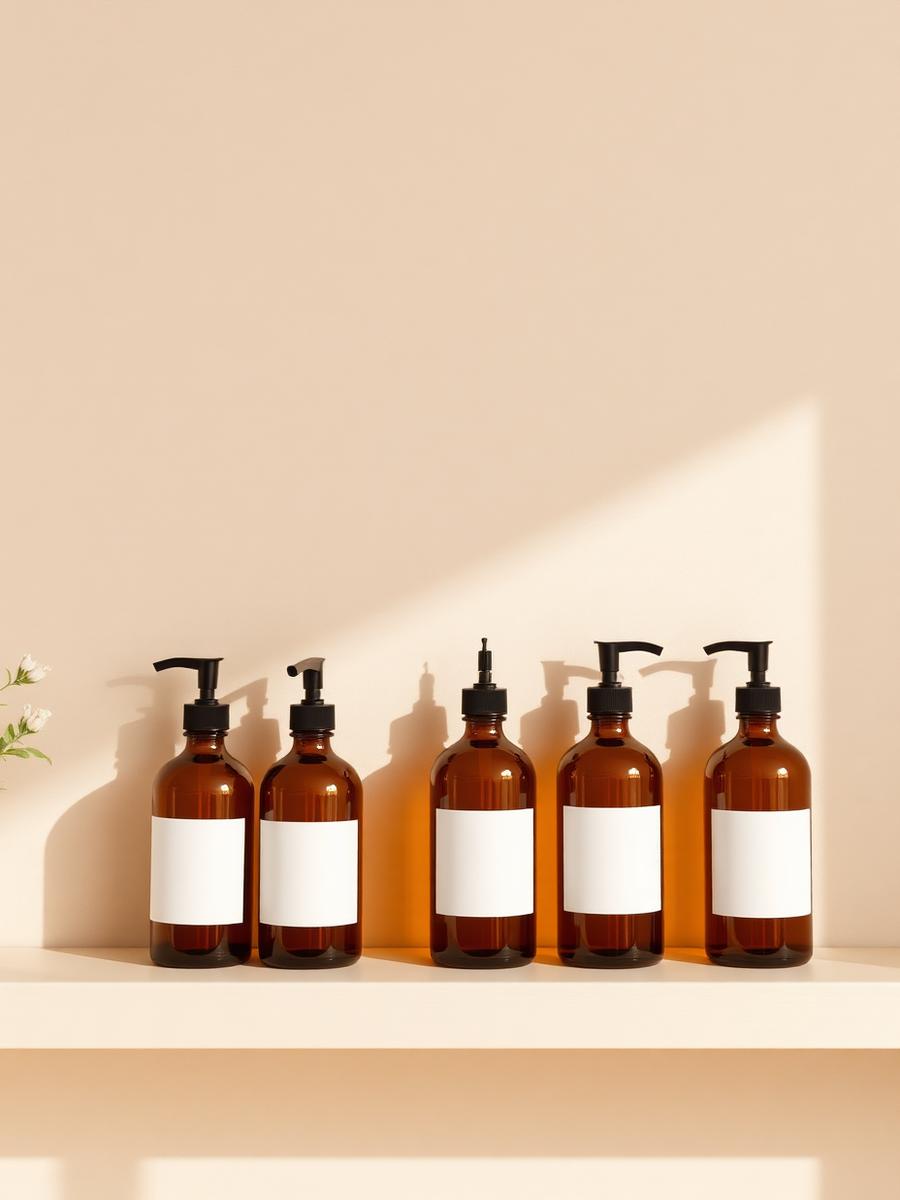Amber glass bottles lined along a plaster shelf in sunlight