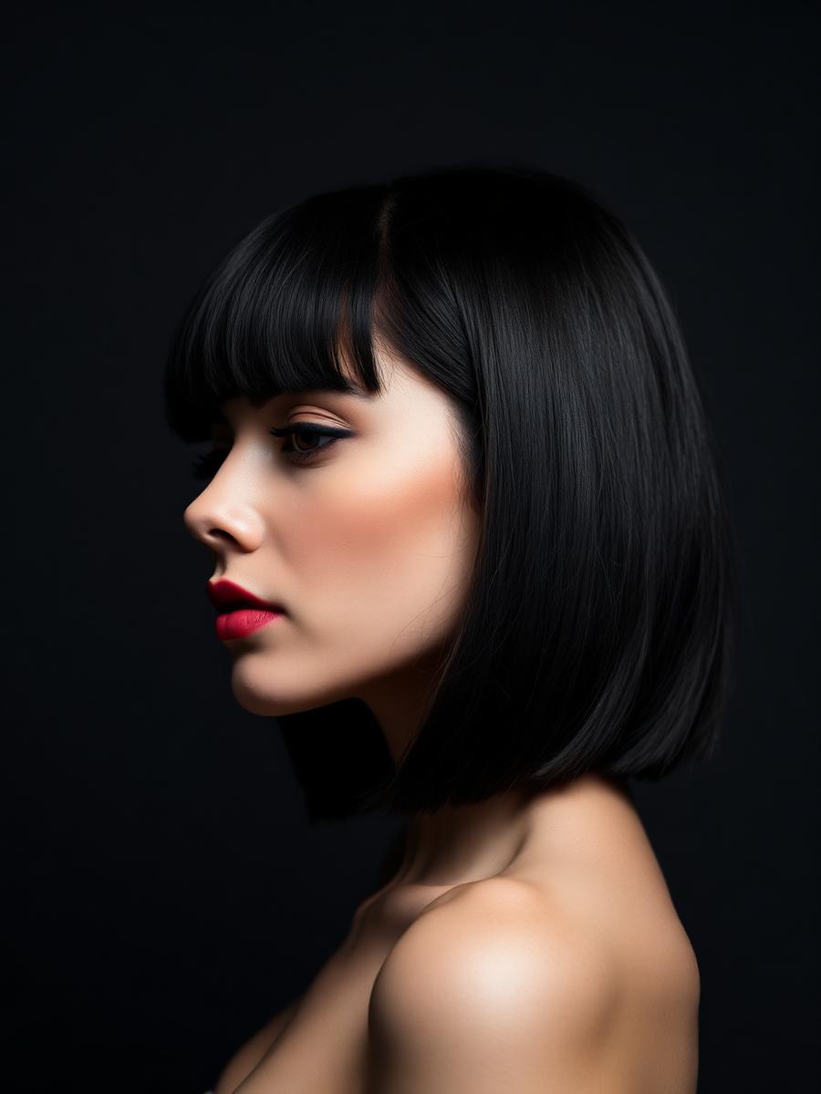 A sleek blunt bob photographed in profile against charcoal
